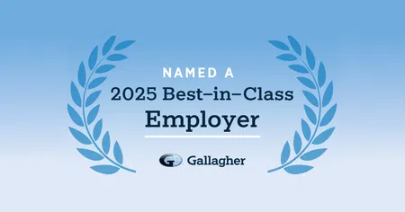 2025 Best-in-Class Employer award announced by Gallagher with laurel wreaths on a blue gradient background