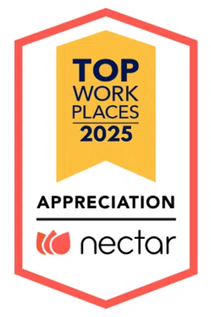 Top Workplaces 2025 appreciation badge with yellow ribbon and red border featuring Nectar logo.