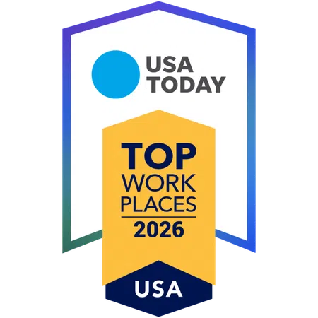 USA Today Top Workplaces 2026 award badge with blue and yellow design for USA recognition.