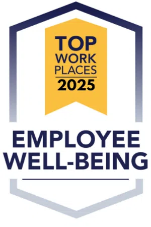 Top Workplaces 2025 badge highlighting employee well-being recognition with a yellow ribbon and blue text.