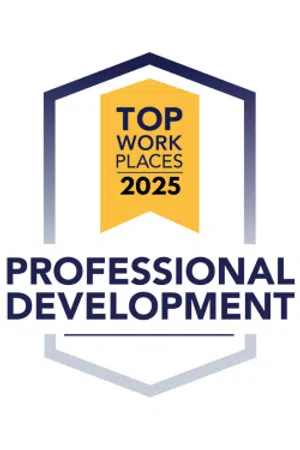 Top Work Places 2025 badge showcasing professional development recognition with a yellow and blue shield design.