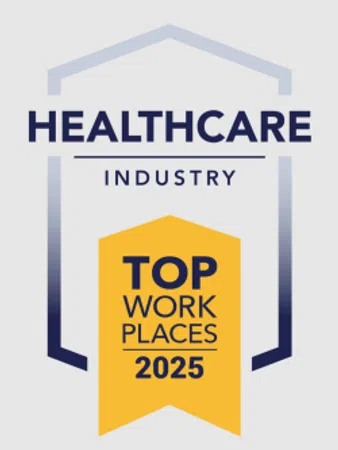 Healthcare industry top workplaces 2025 award badge with yellow and blue design elements.