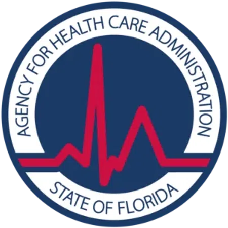 Logo of Florida Agency for Health Care Administration with red heartbeat line on blue and white background