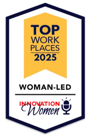 Badge highlighting Top Workplaces 2025 for woman-led Innovation Women with a microphone icon.