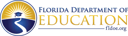 Florida Department of Education logo with rising sun, road, and graduation cap symbol in blue and gold colors.