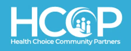 Health Choice Community Partners logo with blue background and white text featuring a hand and people graphic.