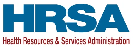 HRSA logo displaying bold blue letters and the full name Health Resources & Services Administration in red below.