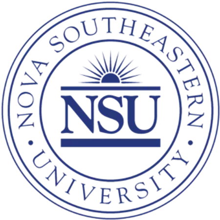 Blue circular emblem of Nova Southeastern University with NSU initials and rising sun graphic.