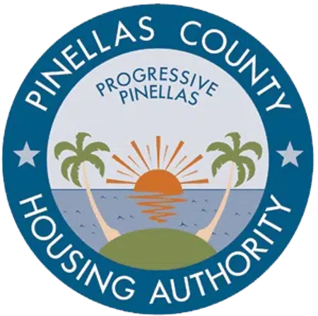 Pinellas County Housing Authority logo with sunset, palm trees, and text Progressive Pinellas