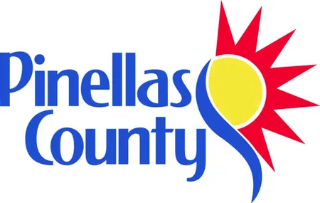 Pinellas County logo with blue text and a stylized sun in yellow, blue, and red on white background