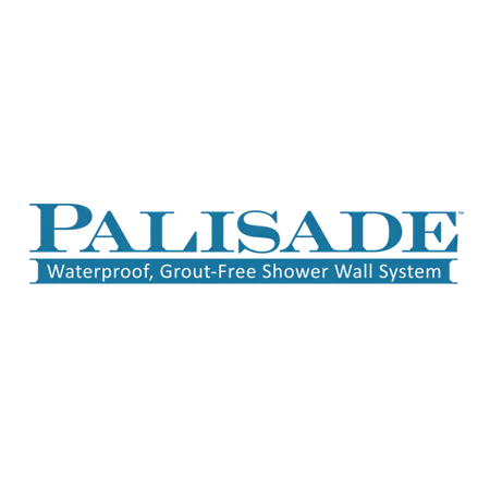 Palisade logo with tagline Waterproof, Grout Free Shower Wall System in blue text on black background
