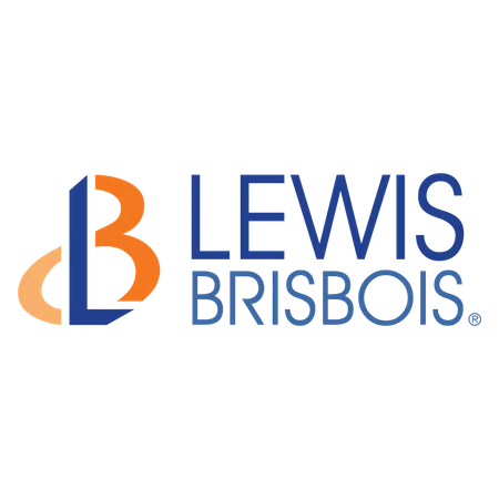 Lewis Brisbois logo with stylized LB symbol in blue and orange beside company name in blue text