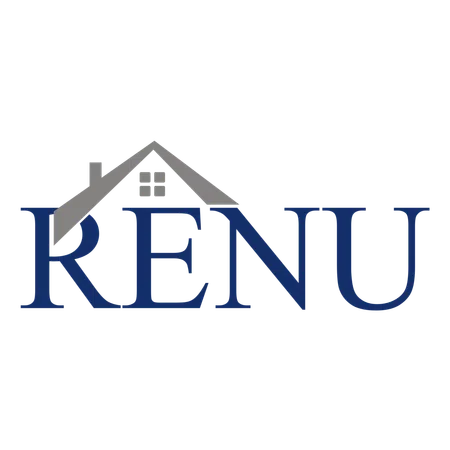 Renu logo with a stylized house roof and window over the company name in blue and gray colors