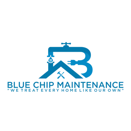 Blue Chip Maintenance logo featuring a faucet drip, electrical plug, house roof, and tools with tagline about home care.