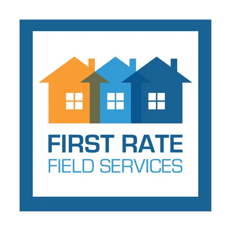Logo with three colorful houses and text First Rate Field Services inside a blue square frame