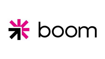 Boom logo with black text and magenta and black abstract arrow design