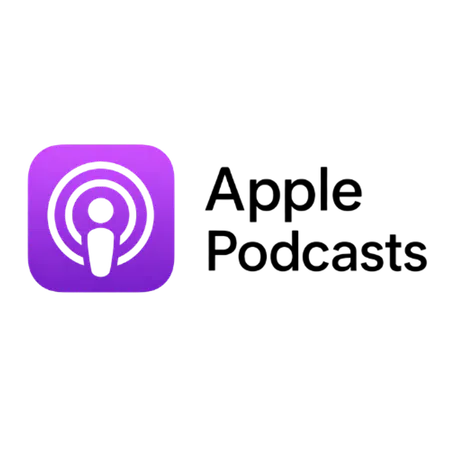 Apple Podcasts logo with purple icon and text on a white background