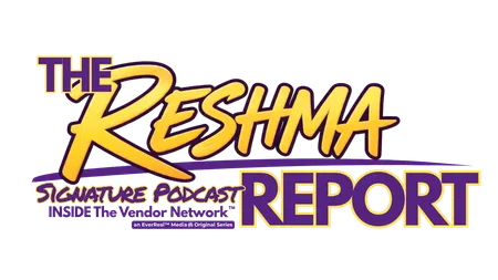 Logo of The Reshma Report Signature Podcast with bold yellow and purple text on transparent background