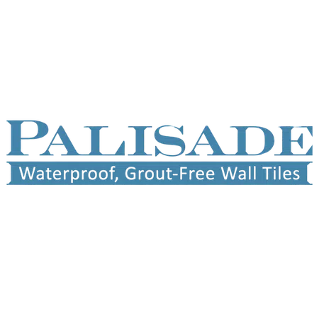 Palisade logo with tagline waterproof, grout-free wall tiles in blue text