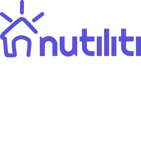 Nutiliti logo with stylized house and sun rays in blue representing energy and home services.