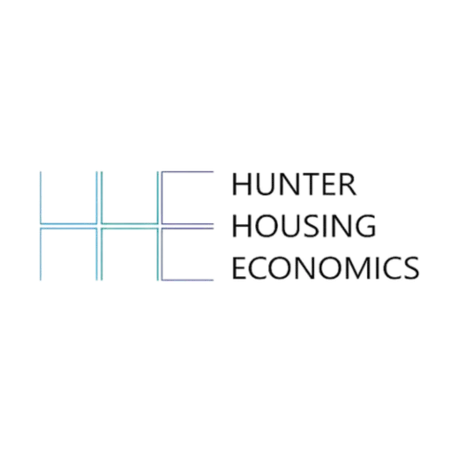 Hunter Housing Economics logo with stylized HHE letters in gradient blue and black text on white background.