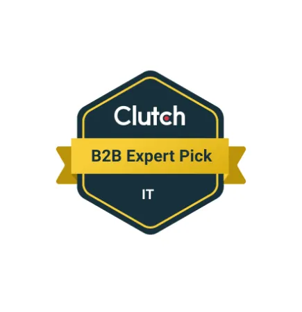 Clutch B2B Expert Pick IT badge with a dark hexagon and yellow ribbon on white background