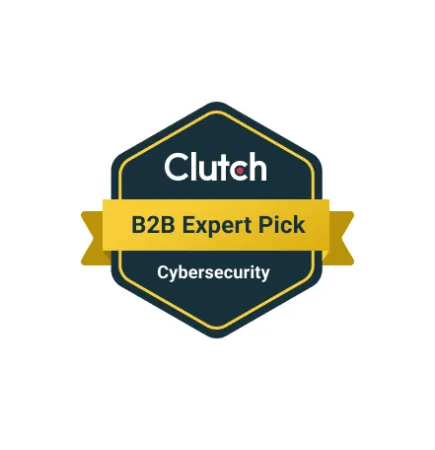 Clutch B2B Expert Pick badge for Cybersecurity with dark hexagon and gold ribbon design