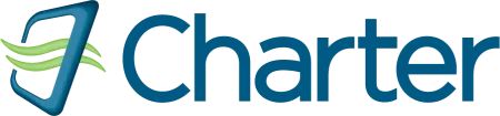 Charter Communications logo with stylized blue icon and green wave lines alongside blue text