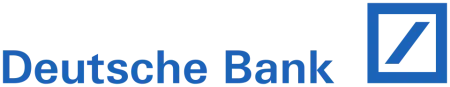 Deutsche Bank logo with blue text and diagonal line inside a square.