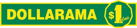 Dollarama logo with green background and yellow text featuring a $1 plus price symbol.