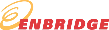 Enbridge logo with a stylized yellow swirl and bold red uppercase text on white background