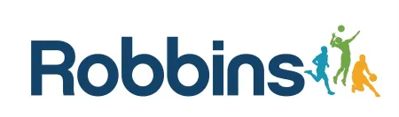 Robbins logo with silhouettes of athletes playing tennis, running, and basketball in green, blue, and orange.