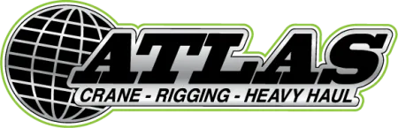 Atlas logo featuring a globe graphic and text for crane, rigging, and heavy haul services with green outline.