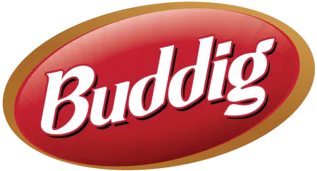 Buddig logo featuring white text on a red oval background with a gold border.