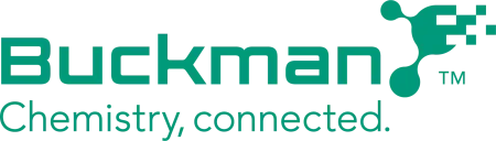 Buckman company logo with tagline Chemistry, connected and a molecular digital design element