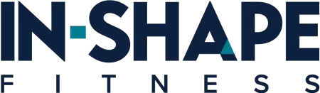 IN-SHAPE Fitness logo with bold navy blue and teal geometric accents on a white background.