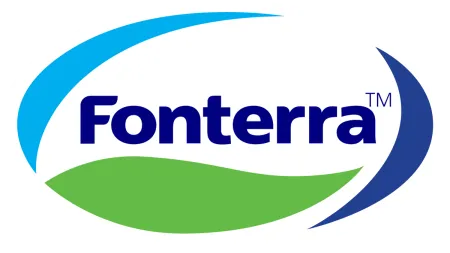 Fonterra logo with blue and green swooshes surrounding bold blue text on a white oval background