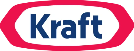 Kraft logo with white text on a blue background and red border in an oval shape.