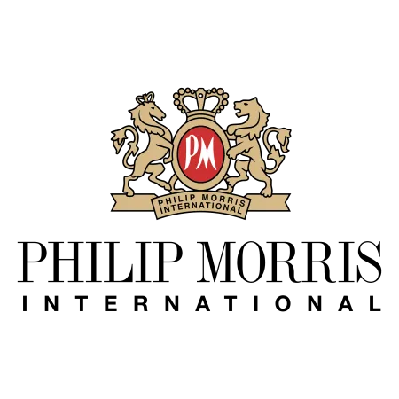 Philip Morris International logo featuring a crowned red circle with PM initials held by a lion and a horse.