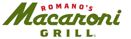 Romano's Macaroni Grill restaurant logo in red and olive green text on transparent background.