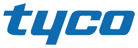 Blue Tyco logo with italicized lowercase letters on a transparent background
