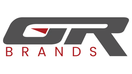 GR Brands logo with stylized grey letters and red triangular accent above red text