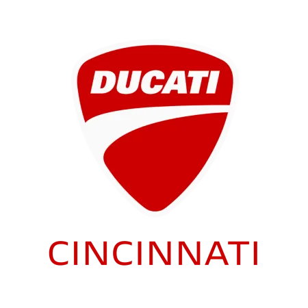 Red and white Ducati logo with the word Cincinnati below on a black background.