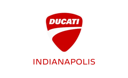 Red and white Ducati logo with the word Indianapolis below on a black background