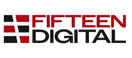 Fifteen Digital company logo featuring red and black geometric shapes with bold text