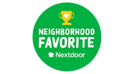 Green badge with a golden trophy and white text Neighborhood Favorite Nextdoor logo
