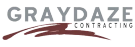 GRAYDAZE Contracting logo with a silver text and dark red swoosh design beneath it