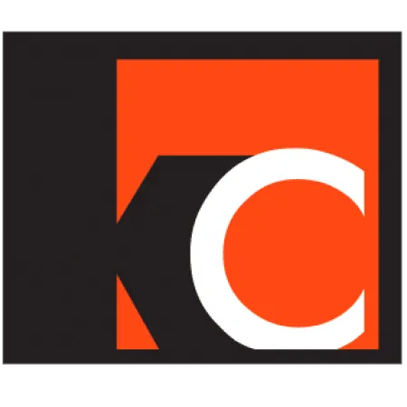 Abstract design with bold black and red shapes and a large white letter C on red background.