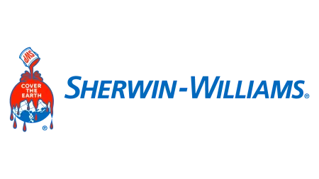 Sherwin-Williams logo with red paint can pouring paint over a globe and company name in blue on a blue background