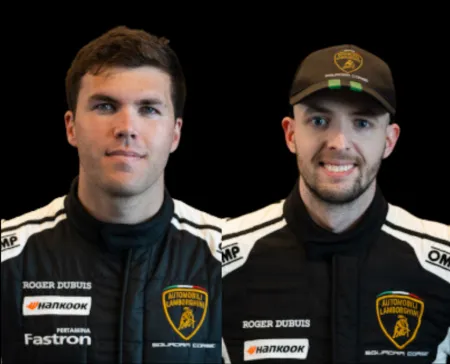 Two race car drivers in black Lamborghini racing suits with sponsor logos on a black background.